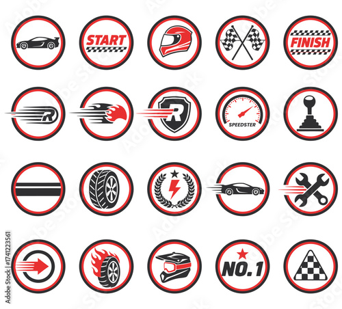 Collection of racing themed icons inside red and white circles with various design elements shown vector illustration