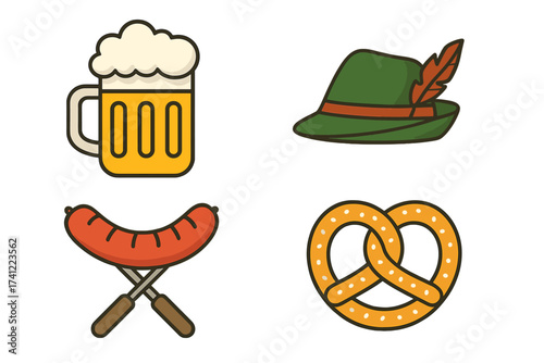 Oktoberfest icon set vector illustration. Beer mug, pretzel, sausage, Bavarian hat. German festival food and drink symbols for bar menu, pub logo, party invitation design.