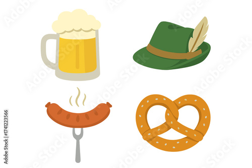 Oktoberfest vector icon set with beer mug, pretzel, sausage and German hat. Bavarian beer festival food and drink symbols. Flat illustration for Germany travel or pub menu.