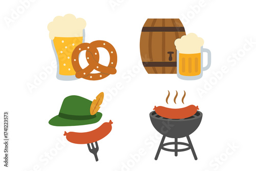 Oktoberfest icon set. German beer festival collection. Vector elements for bar menu. Pretzel, sausage on grill, beer mug, barrel, tyrolean hat. Bavarian food and drink.