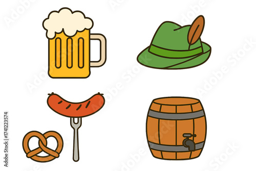 Oktoberfest vector icon set. German beer festival clip art. Beer mug, pretzel, sausage, Bavarian hat, wooden barrel. Germany travel, culture and food symbols. Bar menu.
