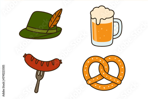 Oktoberfest vector illustration set. German festival icon collection with beer mug, pretzel, sausage, Tyrolean hat. Bavarian food drink symbols for bar menu or beer festival.