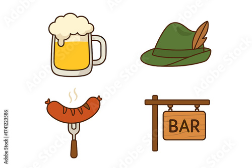 Oktoberfest vector icon set. German beer festival elements. Cartoon illustration of beer mug, Bavarian hat, grilled sausage, and bar sign. Traditional German food and drink.
