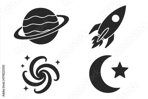 Space icons set vector collection. Black silhouette symbols of astronomy and cosmos exploration. Planet Saturn, rocket ship launch, spiral galaxy, crescent moon and star.