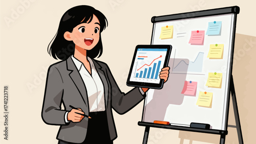 Woman presenting data with tablet and whiteboard