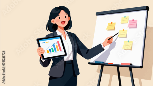 Woman presenting data with tablet and whiteboard