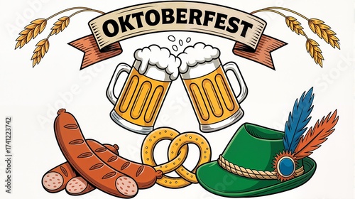 Oktoberfest celebration with beer, pretzel, and sausage. Traditional Bavarian festival symbols illustration. German food and culture concept on a white background