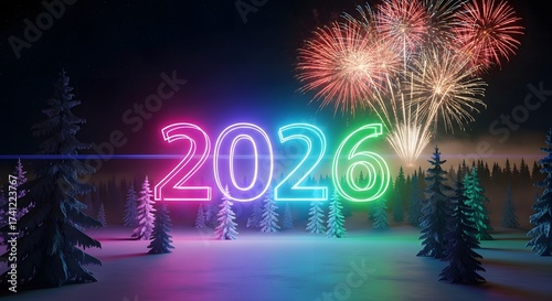 Vibrant fireworks light up the snowy night sky as we eagerly anticipate the arrival of 2026, a year of excitement and endless possibilities in the winter wonderland