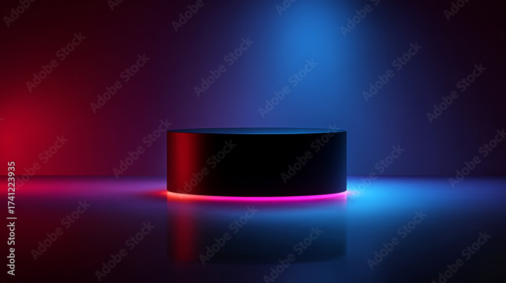 Obraz premium A black cylinder platform with pink rim lighting under blue and red spotlights in a dark room