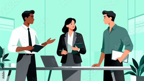 Three professionals in office discussion