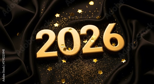Celebrate the dazzling New Year 2026 with golden confetti and elegant black silk, a stylish backdrop for your festive greetings and event promotions