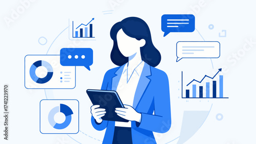 Businesswoman holding tablet with data charts