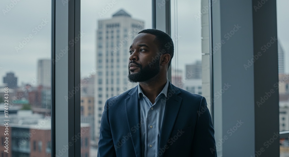 Fototapeta premium Ambitious businessman gazes thoughtfully out a high rise window towards city skyline