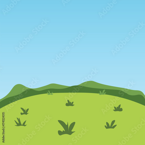 Cartoon landscape with green hills and bright blue sky. Ideal for children's illustrations, educational materials, nature apps, playful backgrounds, and clean web or digital designs.