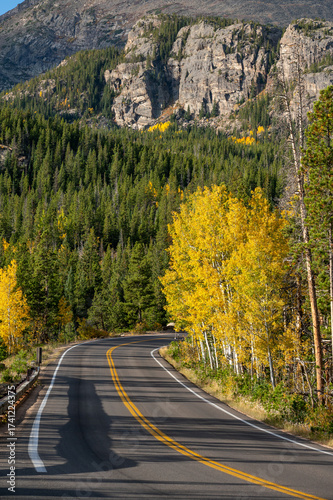 Scenic road with autumn scenery of yellow aspen trees and green pine forest on the hill at Rocky Mountain National Park. Beautiful fall foliage landscape in Colorado, USA.