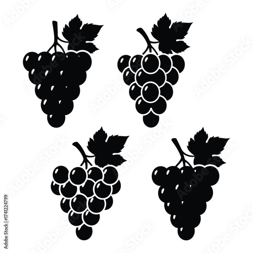 Four black silhouette clusters of grapes with leaves for food design and harvest themes silhouette