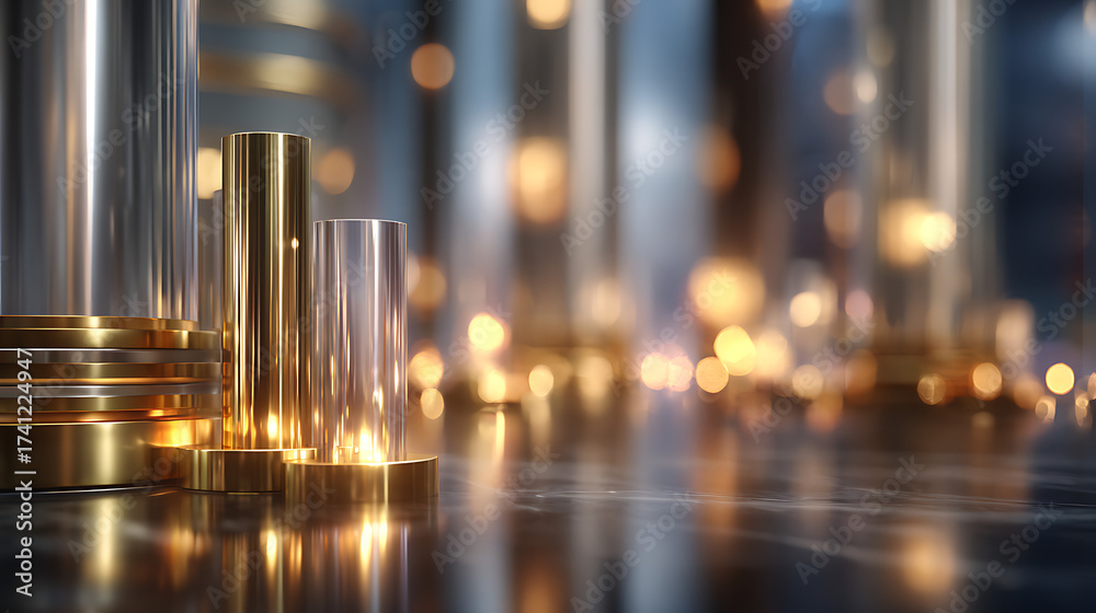 Obraz premium Abstract Shiny Chrome and Golden Metallic Cylinders on Polished Surface with Bokeh Lights