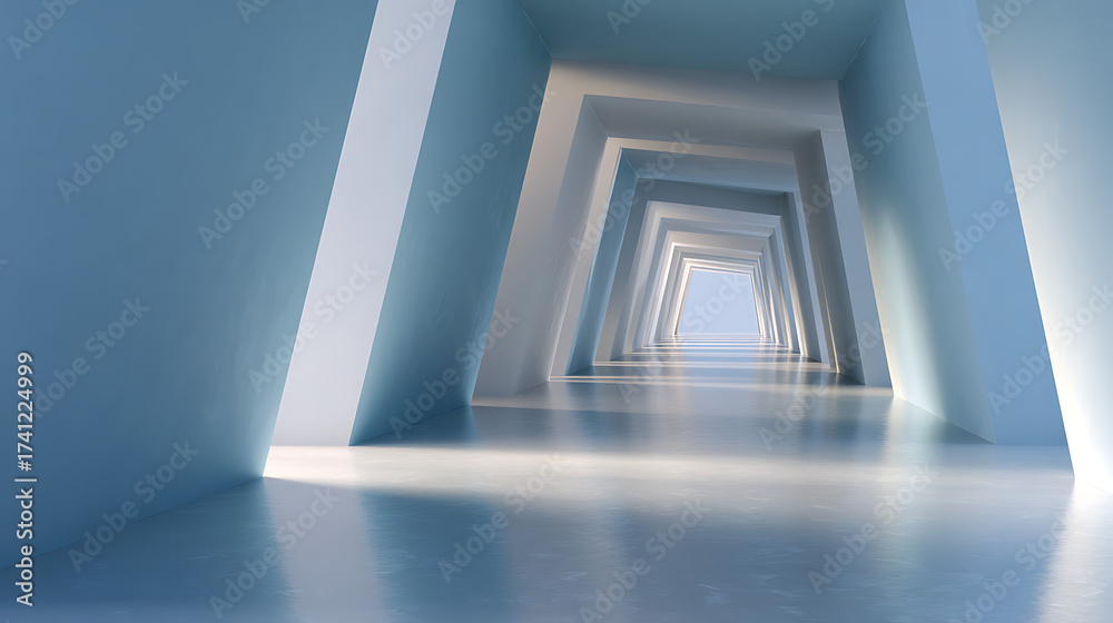 Obraz premium Abstract White Hallway Perspective with Geometric Design and Bright Light Tunnel Architecture