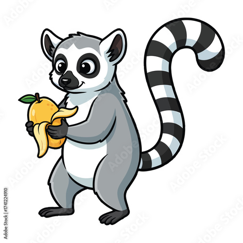 A cartoon ring-tailed lemur holding a banana against a white background