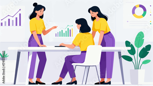 Three women in yellow shirts working at desk