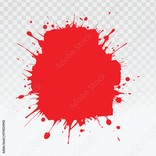 Abstract red ink splatter with energetic grunge texture. Perfect for text overlays, artistic backgrounds, urban design, marketing materials, posters, and creative projects requiring a bold paint 