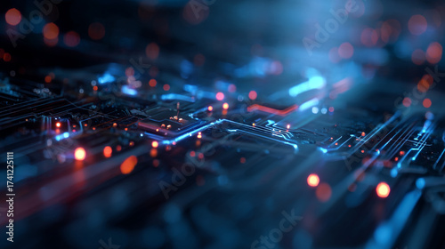 Wallpaper Mural A close up of a circuit board with glowing blue and red lights creating a futuristic technology look Torontodigital.ca