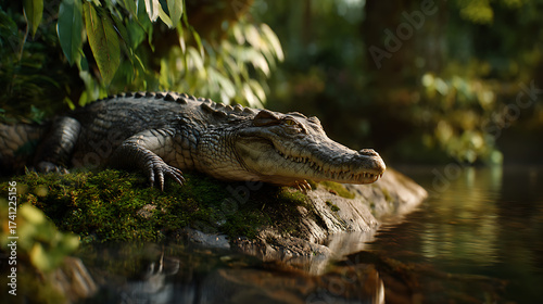 American Alligator Sunning on Mossy Riverbank in Soft Morning Light