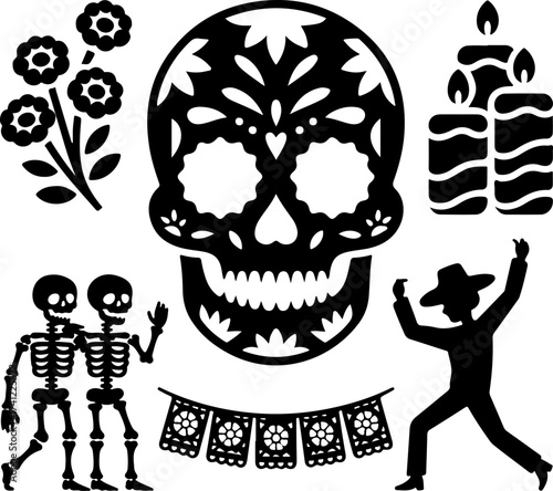silhouette bundle of sugar skull, skeleton couple, marigold bunch, candle set, parade dancer, papel picado banner on white background