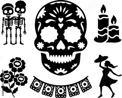 silhouette bundle of sugar skull, skeleton couple, marigold bunch, candle set, parade dancer, papel picado banner on white background