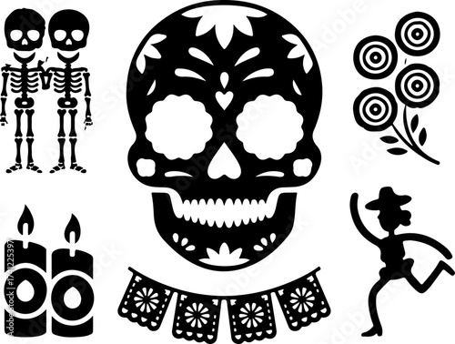 silhouette bundle of sugar skull, skeleton couple, marigold bunch, candle set, parade dancer, papel picado banner on white background