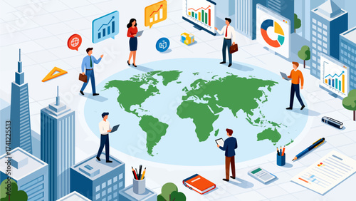 Business team working around world map