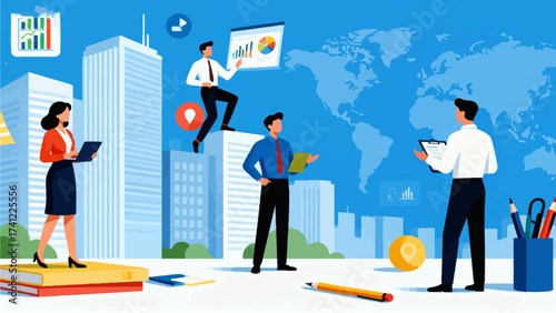 Business team working with data and cityscape