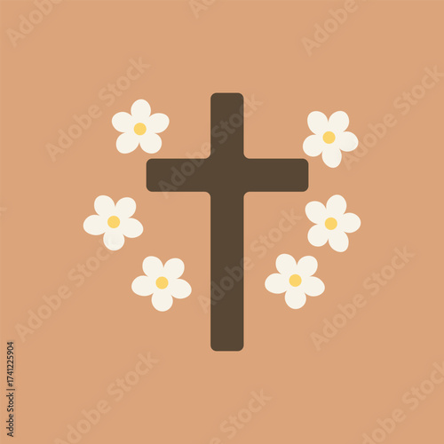 Cross and blossom tile. Cross surrounded by white flowers remembrance, faith, memorial.