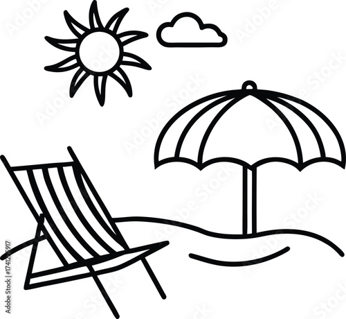 A minimalist black and white line drawing of a beach with a deck chair, umbrella, sun, and cloud, isolated on white background
