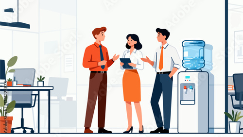 Three people talking near water cooler in office