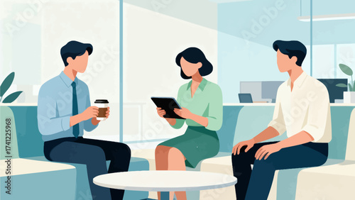 Three people in office meeting setting
