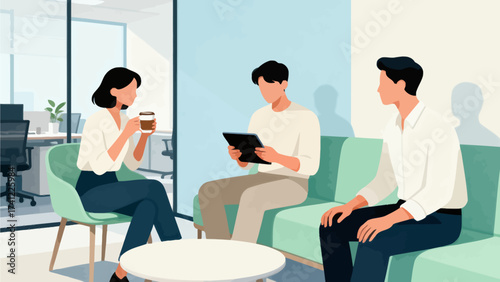 Three people in office lounge setting