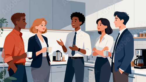 Group of colleagues chatting in kitchen