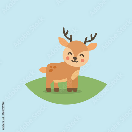 Smiling deer character. Playful cartoon deer on blue tile, kids, mascot, animal fun.
