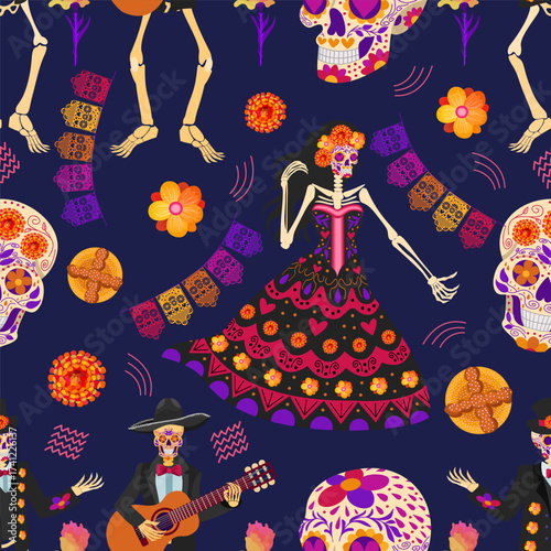 Seamless vector Dia de los Muertos pattern with sugar skulls, skeletons, flowers and papel picado on dark blue background