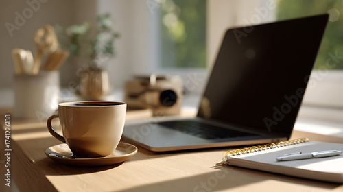 Coffee Cup and Laptop on Bright Wooden Table Near a Window with Natural Light