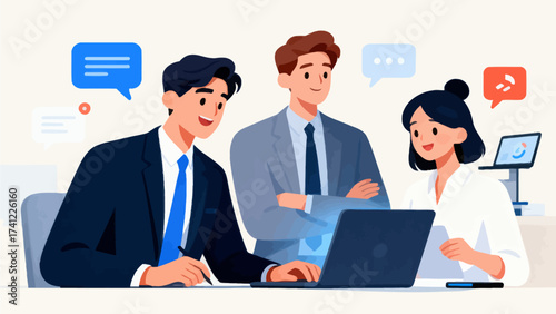 Business team collaborating at desk with laptop