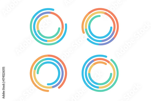 Vector collection of circular logo templates. Modern abstract icons with colorful segmented lines. 360 degree view, cycle, data visualization and process concept for branding.