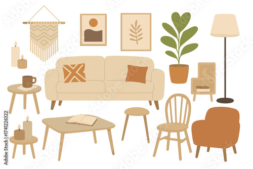 Cozy living room furniture set. Modern hygge interior design elements. Vector collection with sofa, chair, table, plant, lamp. Boho scandinavian decor illustrations. Isolated.