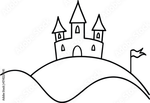 A charming black and white line drawing of a castle on a hill with a flag, isolated on white background