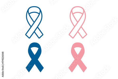 Blue and pink awareness ribbons vector icon set. Symbol for breast and prostate cancer awareness month. Medical health campaign, solidarity, and charity support sign illustration.