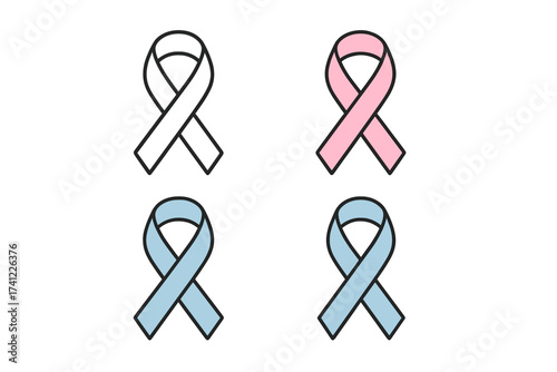 Awareness ribbon collection. Vector thin line icon set. Symbol for medical awareness campaigns, support, and charity. For breast cancer, prostate cancer, colon cancer.