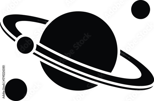 Stylized Planet with Rings and Moons – Minimalist Black and White Space Illustration Resembling Saturn for Astronomy, Science Fiction, or Celestial Decor