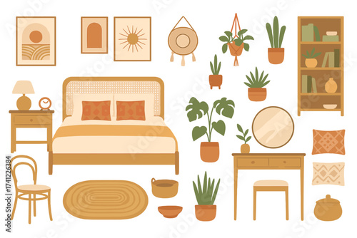 Boho bedroom interior constructor. Big furniture set. Vector flat design. Cozy home furnishing collection. Rattan bed, chair, table, plants, decor. Hygge scandinavian style.