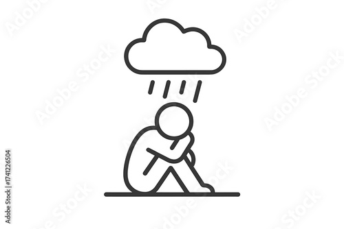 Depression and sadness line icon. Concept of mental health struggles, emotional pain, loneliness, and despair. Vector illustration of a sad person sitting under a rain cloud.